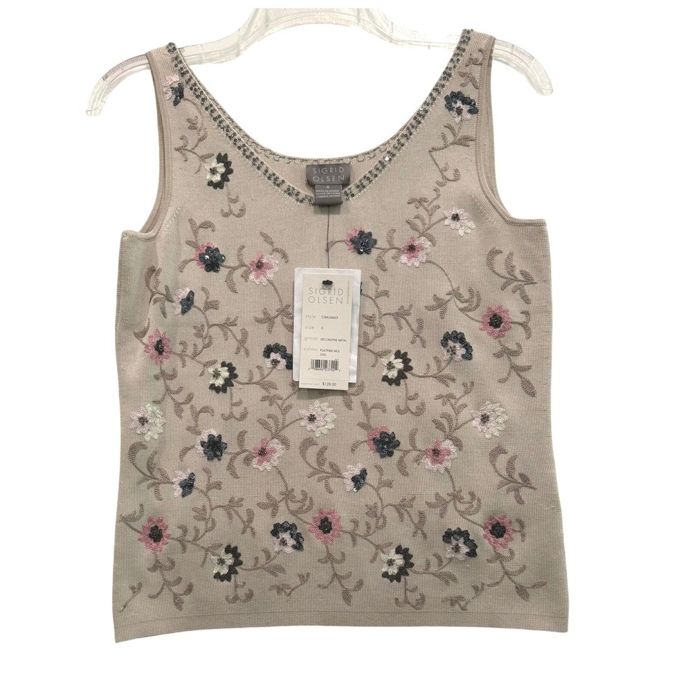 Sigrid‎ Olsen Silk Blend Floral Embroidered Sequin Tank Top Platinum Multi S NEW
